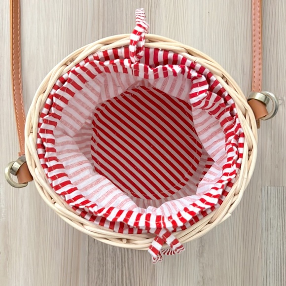 Anthropologie Raffia Bucket Bag Red White Straw Basket Purse NWOT - Picture 14 of 17